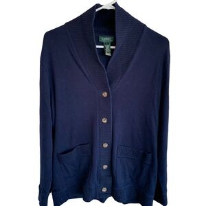 Ralph Lauren Women Cardigan Sweater Blue Buttons Pockets Cotton Large Preepy
